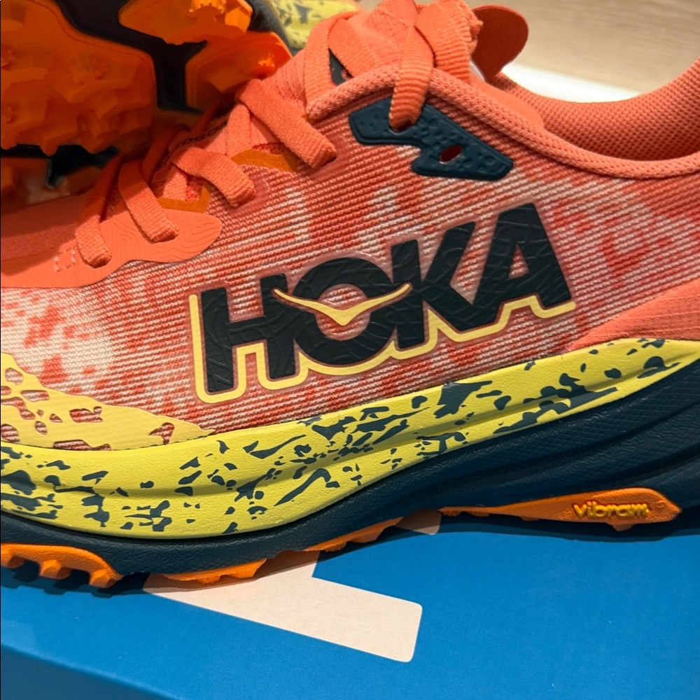 Hoka Women's Trail Runner in Coral and Yellow with Navy Accents - Picture 6 of 11